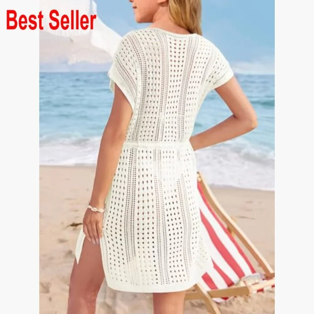 Crochet Swim Cover Up Dress 100% Acrylic V Neck Hollow Out Knitted